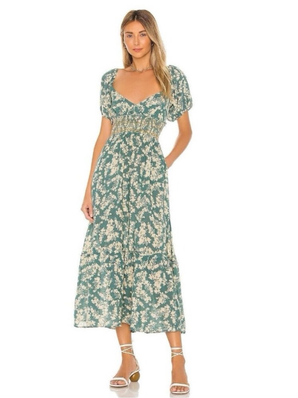 Free People Ellie Floral Print Gauze Midi Boho Dress Sage Green sz XS
